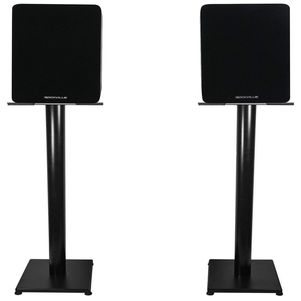Rockville RockShelf 58B Bundle: (2) Black 5.25-in 360W Peak/ 90W RMS Home Theater Bookshelf Speakers 8-Ohm, (2) RS37B 37-in Steel Bookshelf Speaker and Studio Monitor Stands in Black, 4-Items