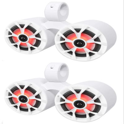 Rockville RKL65MBW Bundle: (4) 6.5 in 700W Peak / 170W RMS Marine Boat Speakers w/LED, Black/White Grilles Included, (2) DMAC65W Dual 6.5 in White Aluminum Wakeboard Tower Speaker Enclosures, 6-Items