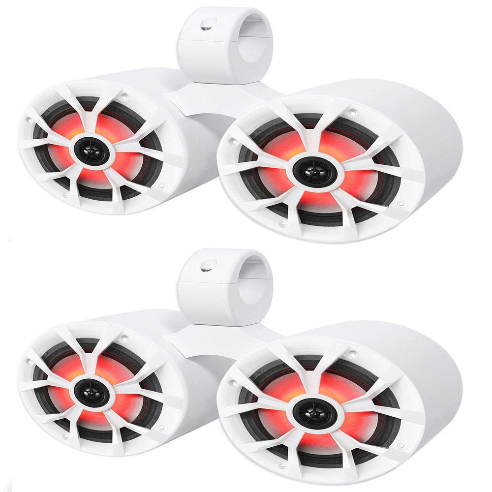Rockville RKL65MBW Bundle: (4) 6.5 in 700W Peak / 170W RMS Marine Boat Speakers w/LED, Black/White Grilles Included, (2) DMAC65W Dual 6.5 in White Aluminum Wakeboard Tower Speaker Enclosures, 6-Items