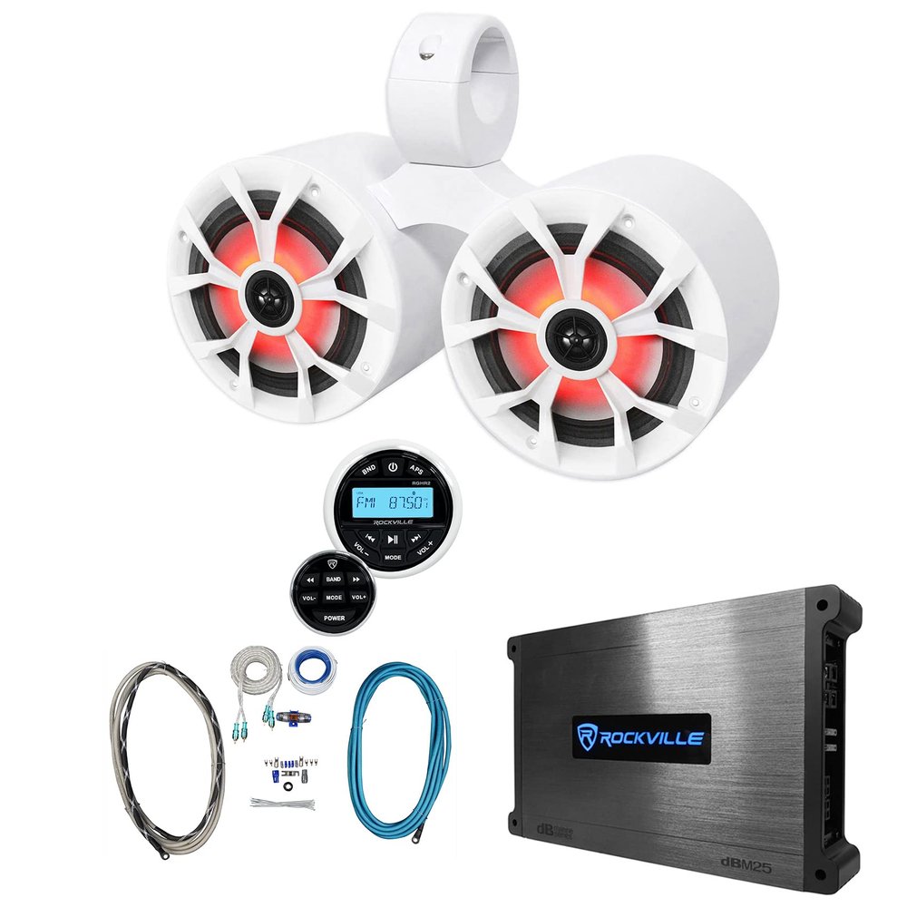 Rockville RKL65MBW Bundle: Pair 6.5" 700W Peak/85W RMS LED Speakers, DMAC65W Dual 6.5" Wakeboard Enclosure, DBM25 1500W 2-Channel Amplifier, RMWK4 Amp Install Kit, RGHR2 Bluetooth Receiver, 5-Items