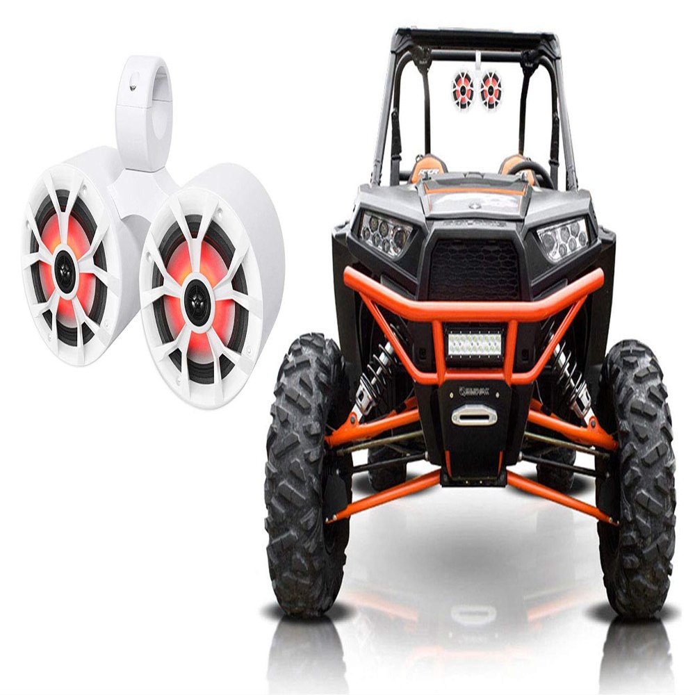 Rockville RKL65MBW Bundle: Pair 6.5" 2-Way 350W Peak/85W RMS Marine LED Boat Speakers, 700W Total, DMAC65W Dual 6.5" White Aluminum Wakeboard Tower Speaker Enclosure, for RZR/ATV/UTV/Cart, 2-Items