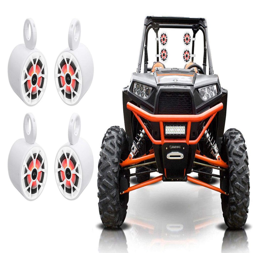 Rockville RKL65MBW Bundle: (4) 6.5 in 700W Peak / 170W RMS Marine Boat Speakers w/LED, Black/White Grilles, (4) MAC65W 6.5 in Aluminum Speaker Pod Enclosures, for Polaris RZR/ATV/UTV/Cart, 8-Items