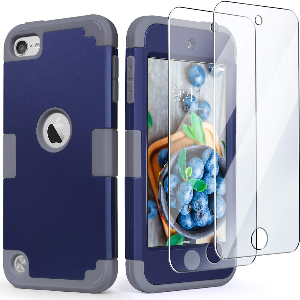 IDweel for iPod Touch Case with 2 Screen Protectors, 3 in 1 Hard PC Case + Silicone Shockproof for Kids Heavy Duty Hard Case Cover for iPod Touch 7th/6th/5th Generation,Navy Blue + Gray