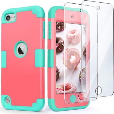 IDweel for iPod Touch Case with 2 Screen Protectors, 3 in 1 Hard PC Case + Silicone Shockproof for Kids Heavy Duty Hard Case Cover for iPod Touch 7th/6th/5th Generation,Pink+Green