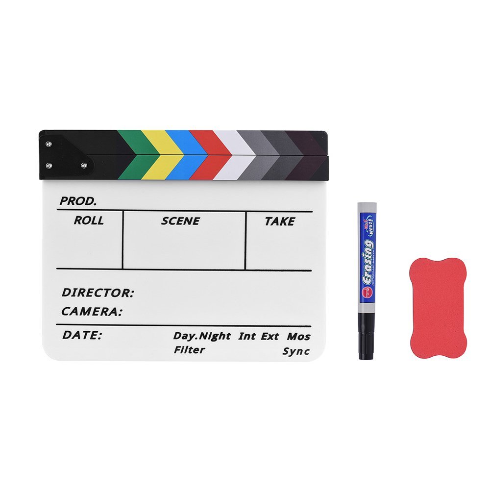 Andoer Professional Acrylic Clapboard Dry Erase TV Film Movie Director Cut Action Scene Clapper Board Slate with Marker Pen Eraser