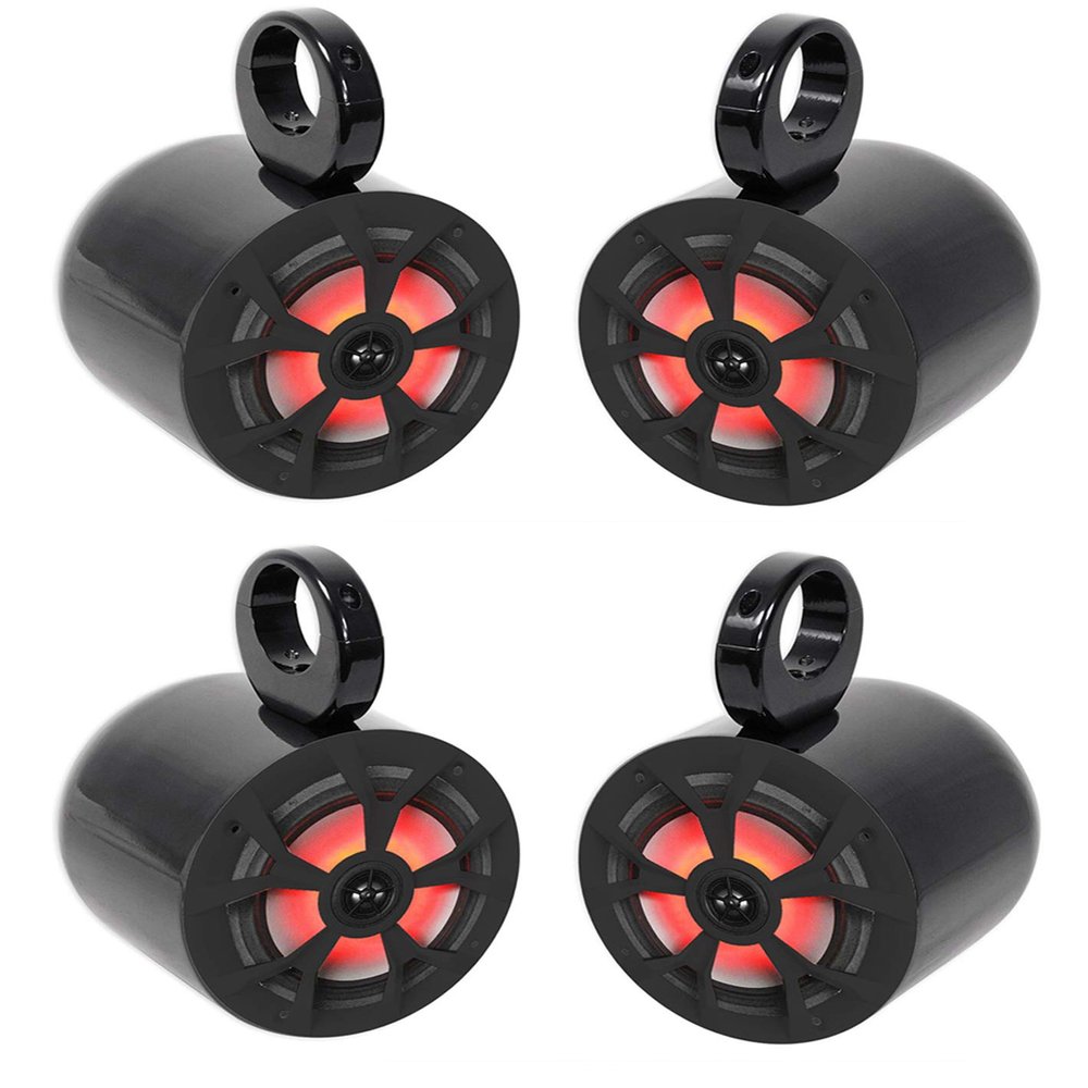 Rockville RKL65MBW Bundle: (2) Pairs 6.5 in 700-Watt Peak/350-Watt RMS Marine Boat Speakers with LED, (2) Pairs MAC65B 6.5 in Black Aluminum Wakeboard Tower Speaker Pods, 4-Items