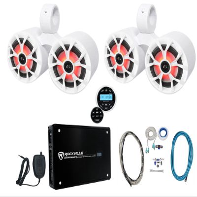 Rockville RKL65MBW Bundle: (4) 700W Peak / 170W RMS Marine Boat Speakers, (2) DMAC65W 6.5 in White Tower Enclosures, Krypton MF3 Amplifier, RGHR2 Marine Gauge Receiver, RMWK4 Amp Install Kit, 9-Items