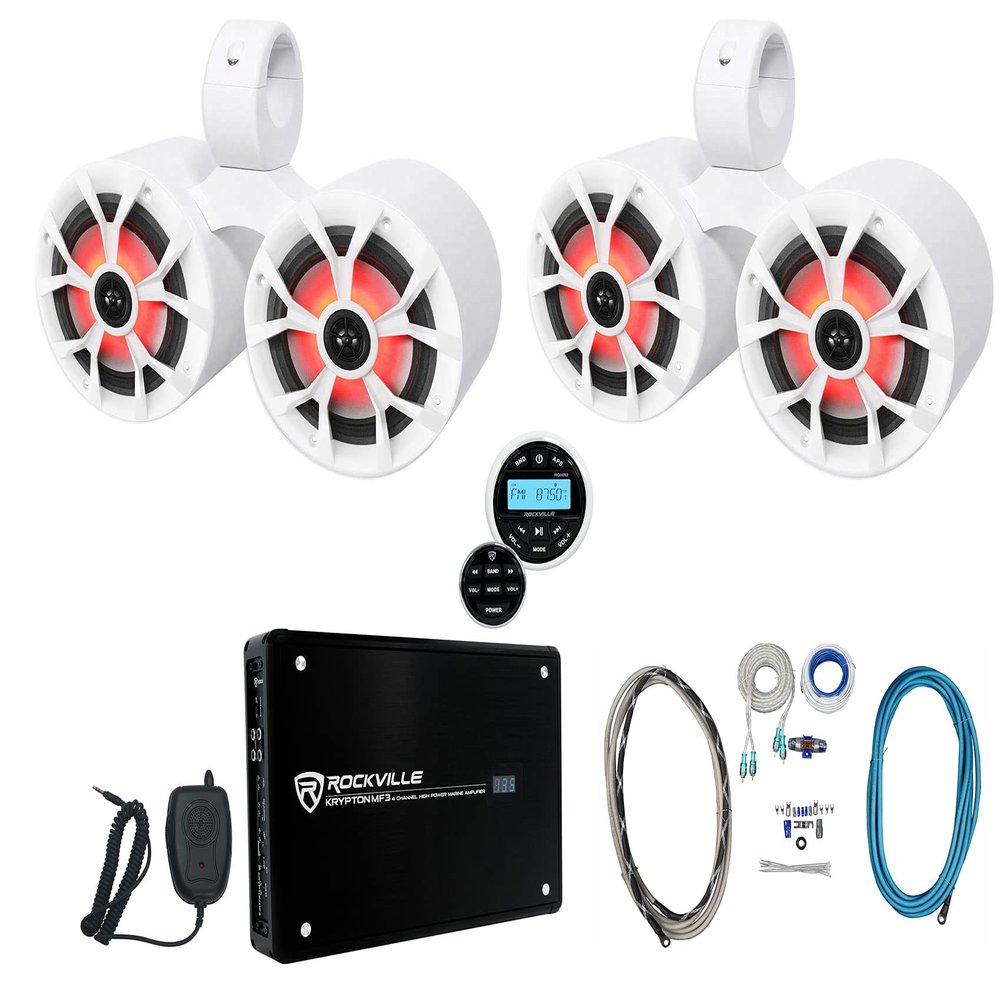 Rockville RKL65MBW Bundle: (4) 700W Peak / 170W RMS Marine Boat Speakers, (2) DMAC65W 6.5 in White Tower Enclosures, Krypton MF3 Amplifier, RGHR2 Marine Gauge Receiver, RMWK4 Amp Install Kit, 9-Items