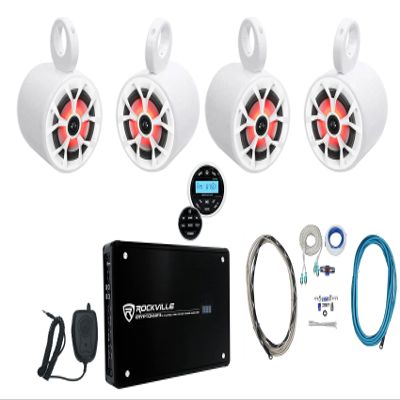 Rockville RKL65MBW Bundle: (4) 6.5 in 700W Peak/170W RMS Marine Boat Speakers, (4) MAC65W 6.5 in Speaker Enclosures, Krypton MF3 Marine Amplifier, RGHR2 Receiver, RMWK4 Install Wire Kit, 11-Items