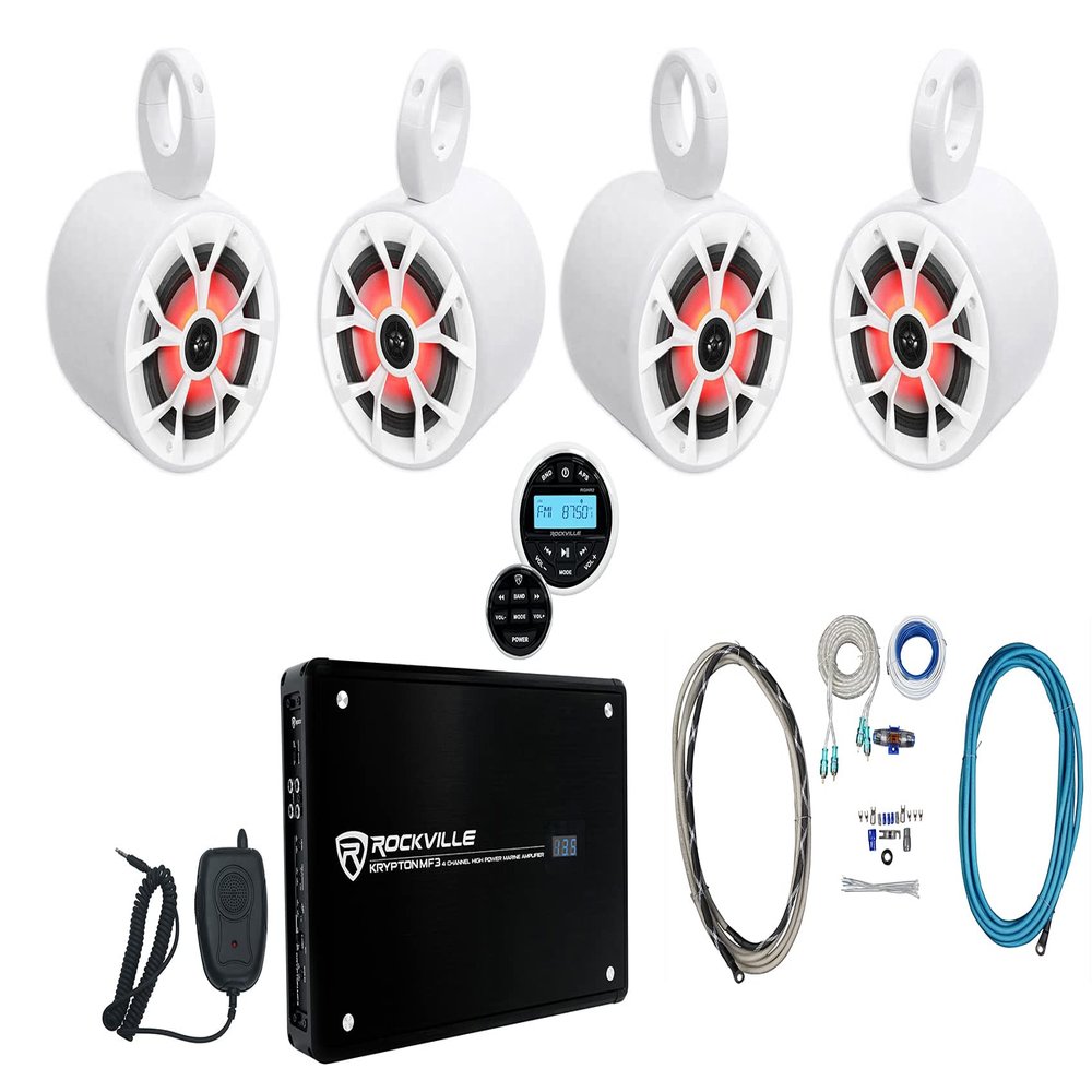 Rockville RKL65MBW Bundle: (4) 6.5 in 700W Peak/170W RMS Marine Boat Speakers, (4) MAC65W 6.5 in Speaker Enclosures, Krypton MF3 Marine Amplifier, RGHR2 Receiver, RMWK4 Install Wire Kit, 11-Items