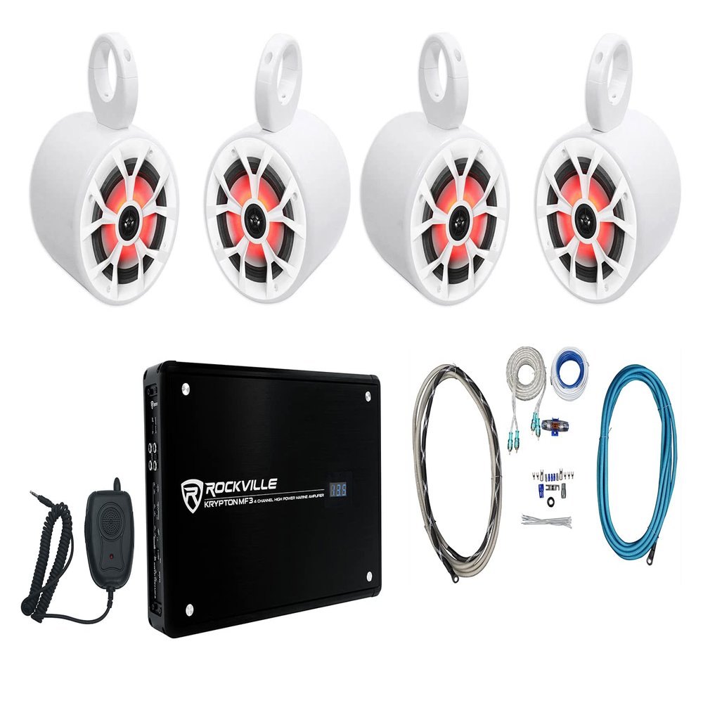 Rockville RKL65MBW Bundle: (4) 6.5 in 700W Peak/170W RMS Marine Boat Speakers, (4) MAC65W 6.5 in White Speaker Pod Enclosures, Krypton MF3 Marine Amplifier, RMWK4 Amplifier Install Wire Kit, 10-Items