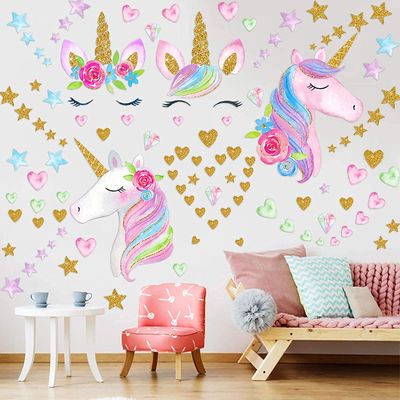 4 Sheets Unicorn Wall Decals Stickers for Girls Room,Large Size Unicorn Wall Sticker Decor for Gilrs Kids Bedroom Birthday Party