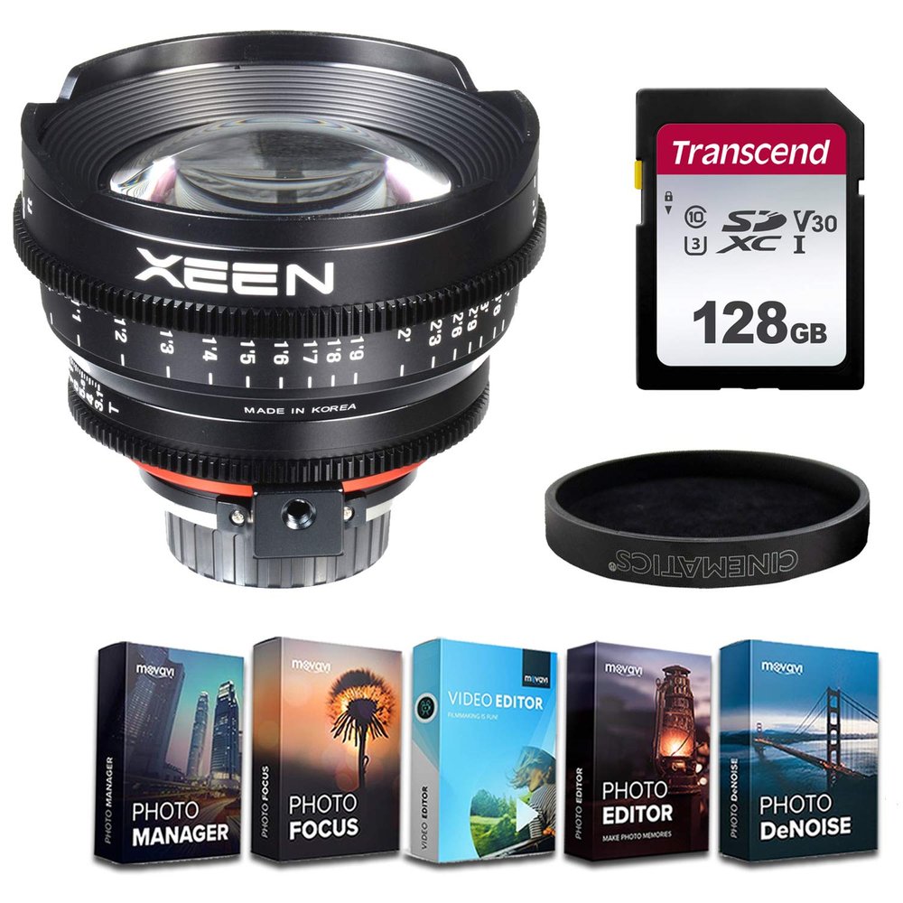 XEEN XN14-MFT 14mm T3.1 Professional Cine Lens for Micro 4/3 Mount + 5-Pack Photo/Video Editing Software & 128GB Transcend High Speed Memory Card