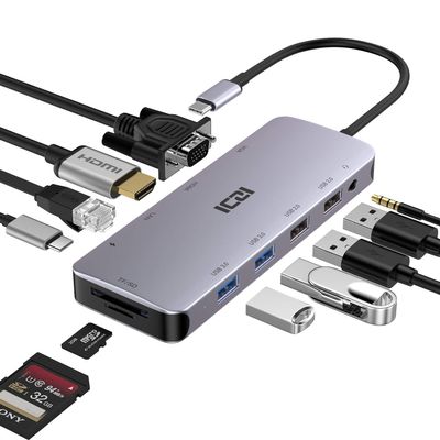 USB C Multiport Hub, ICZI 11 in 1 Type C Adapter with Ethernet Port, 4K HDMI, VGA, USB 3.0 Ports, 100W Power Delivery Charging, SD/TF Card Reader for MacBook Pro Air, Laptops, Logitech Webcam