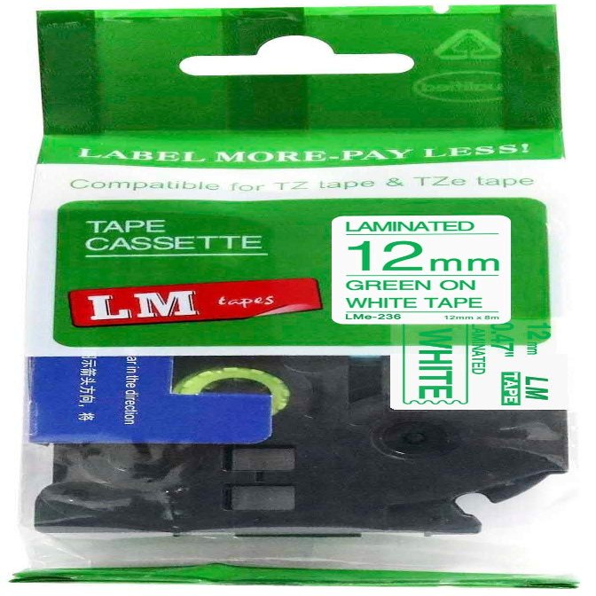 1/Pack LM Tapes - LMe236 Premium 1/2" Green Print on White Label Compatible with P-Touch TZe-236 Tape TZ236 and Includes a Nice Tape Color/Size Guide. Replaces 12mm 0.47 Laminated
