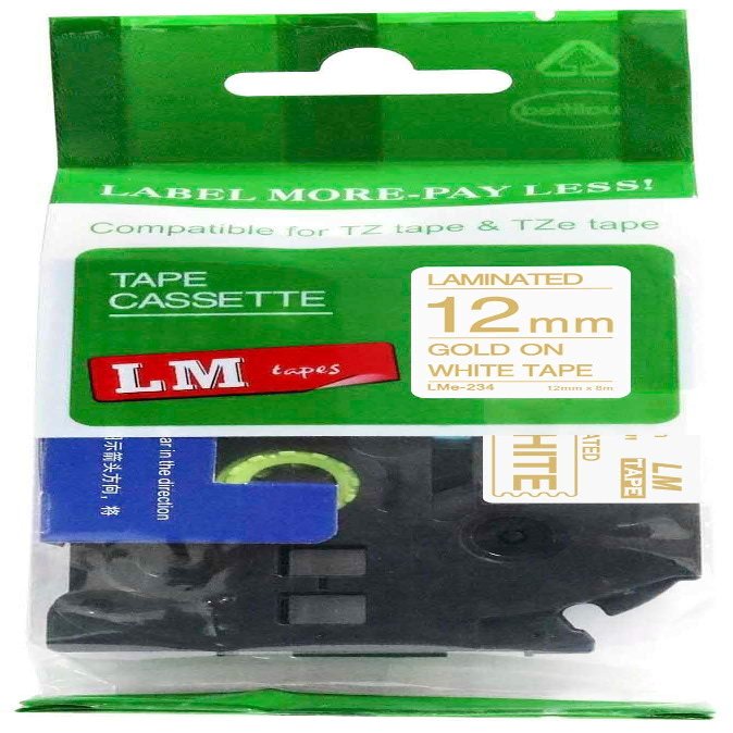 1/Pack LM Tapes - LMe234 Premium 1/2" Gold Print on White Label Compatible with P-Touch TZe-234 Tape TZ234 and Includes a Nice Tape Color/Size Guide. Replaces 12mm 0.47 Laminated