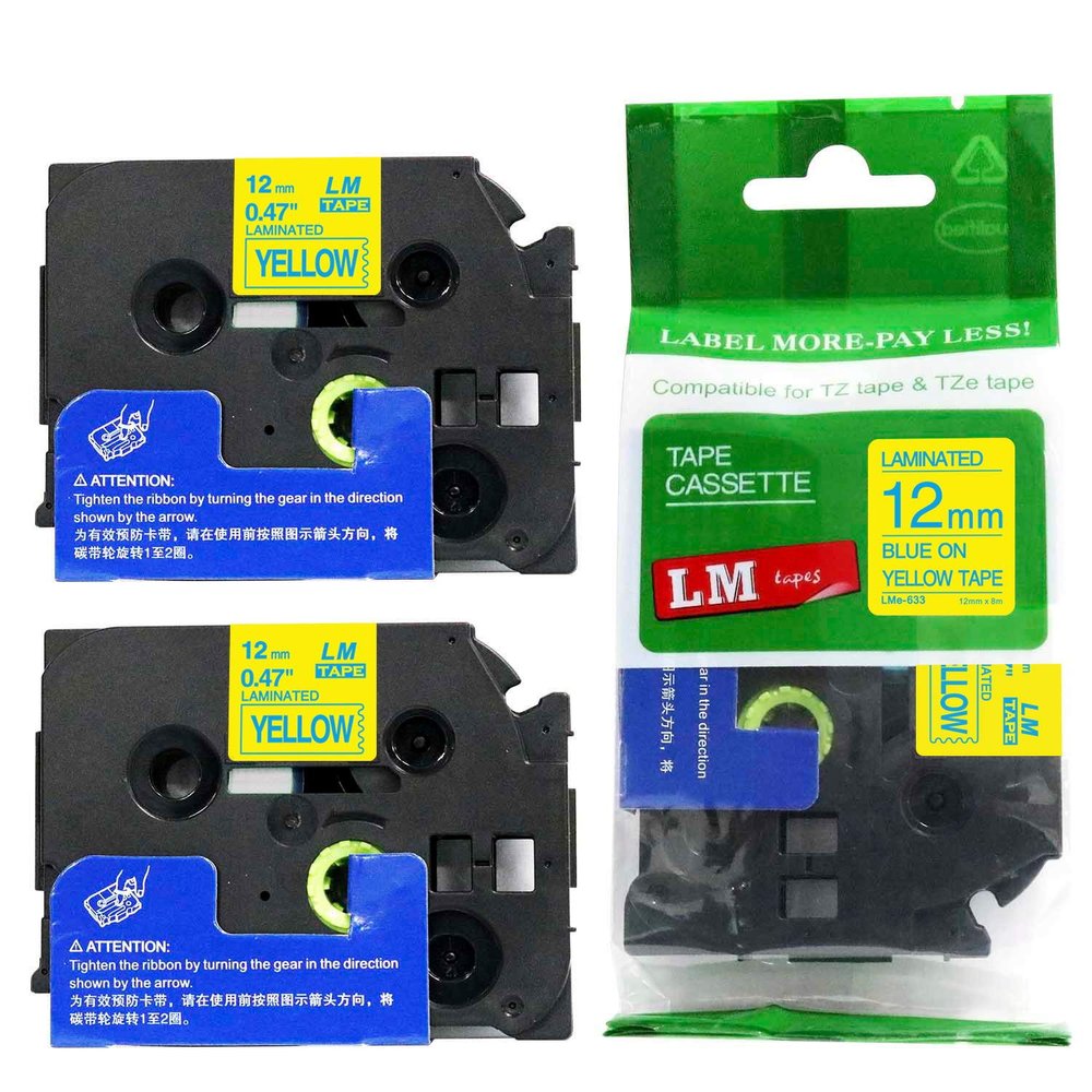 2/Pack LM Tapes - LMe633 Premium 1/2" Blue Print on Yellow Label Compatible with P-Touch TZe633 Tape TZ633 and Includes a Nice Tape Color/Size Guide. Replaces 12mm 0.47 Laminated