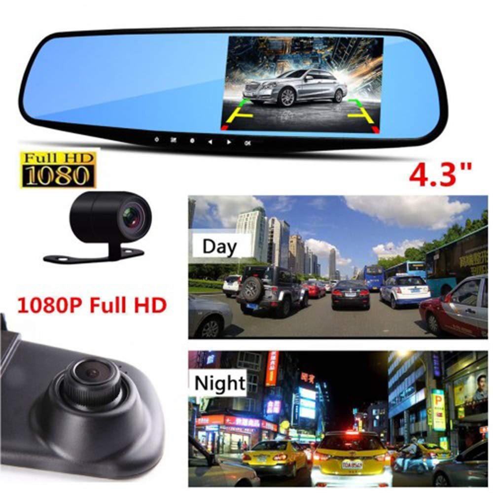 4.3'' 1080P Car DVR Mirror Dash Cam Recorder+Rear View Camera Kit with 32G SD Card