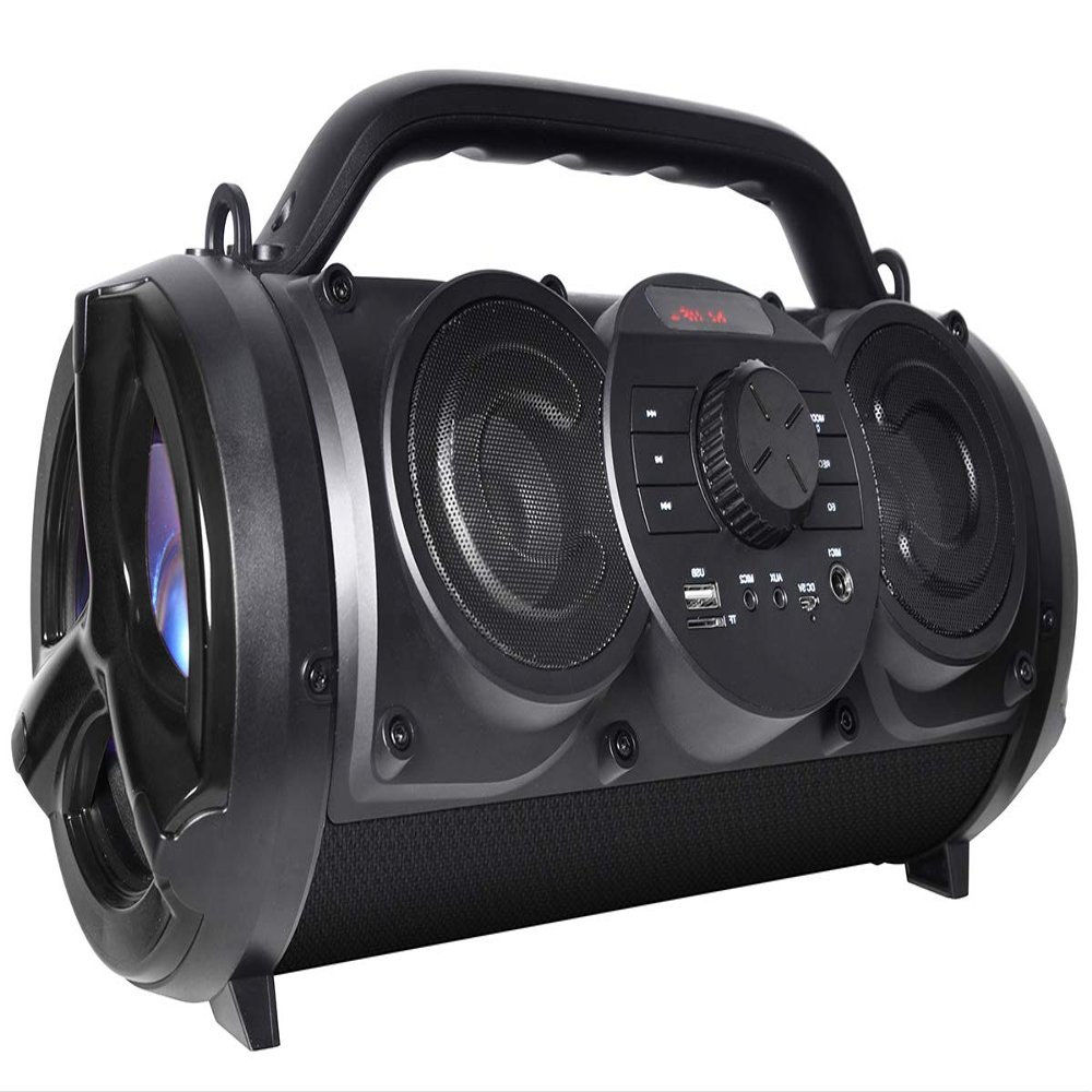 Boytone BT-18BK Portable Bluetooth Boombox Speaker, Indoor/Outdoor, Loud Sound, Deeper Bass, EQ, 5" Subwoofer, Tweeter, FM, 9H Playtime, USB, Micro SD, Microphone, Recording, LED Light