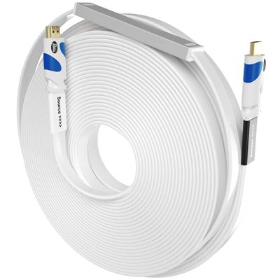 Postta Flat HDMI Cable 100 Feet Flat HDMI 2.0 Cord with Built-in Signal Booster Support 4K,3D,1080p,Ethernet and Audio Return-White-Blue
