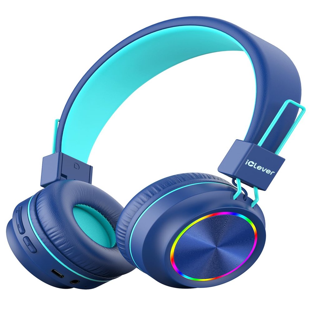 iClever BTH03 Kids Bluetooth Headphones, Colorful LED Lights, 35H Playtime, Bluetooth 5.4, Type C Fast Charging, Safe Volume, Stereo Sound Mic, On Ear Kids Wireless Headphones for iPad Airplane, Blue