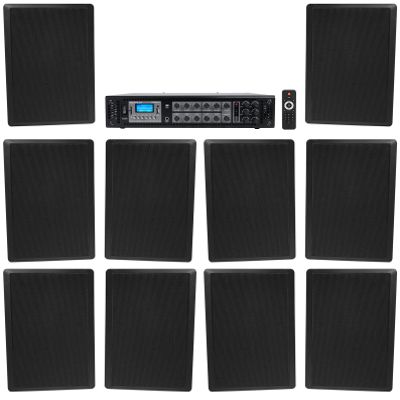 Rockville 6-Zone 70v Amplifier+(10) Slim Black Restaurant/Bar/Cafe Wall Speakers