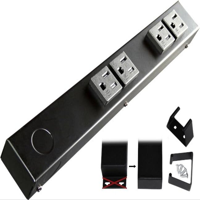 12" Hardwired Power Strip (NO Power Cord), 4 Vertical Tamper Resistant Outlets (NEMA 5-15R - NOT 20Amp), NO Ears (Without mounting tabs on Both Ends), Black