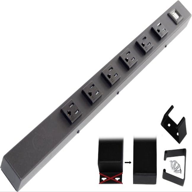 24" Hardwired Power Strip (NO Power Cord), 6 Tamper Resistant Outlets (NEMA 5-15R - NOT 20Amp), NO Ears (Without mounting tabs on Both Ends), USB, Black