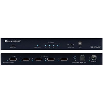 Key Digital KD-DA1x4X: 4 Output HDMI Splitter Distribution Amp, with 4K 18Gbps bandwidth, HDR, HDCP 2.2, HDR, feeds video source to 4 HDMI displays