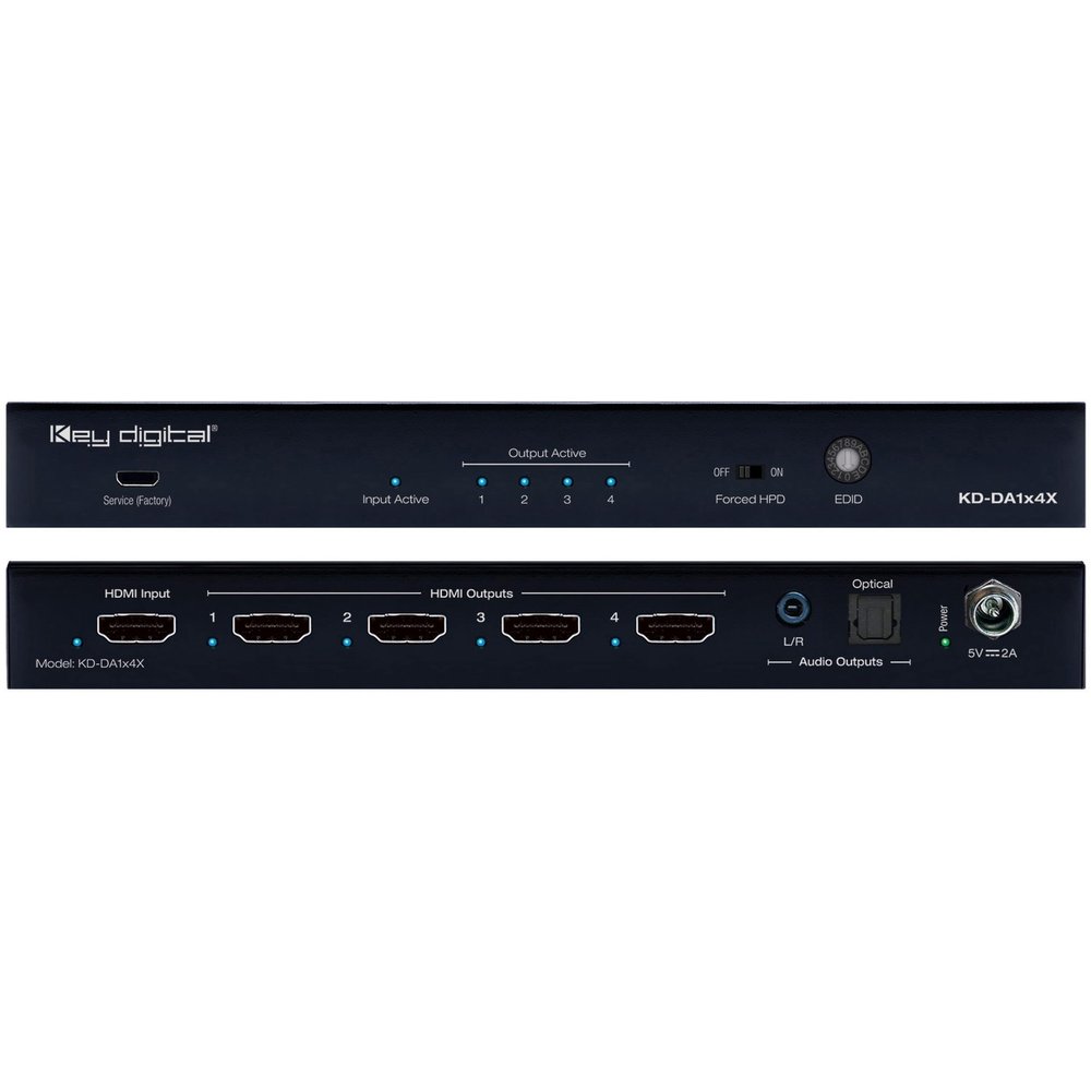Key Digital KD-DA1x4X: 4 Output HDMI Splitter Distribution Amp, with 4K 18Gbps bandwidth, HDR, HDCP 2.2, HDR, feeds video source to 4 HDMI displays