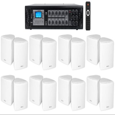 Rockville RCS180-6 Bundle: 6-Zone 70V 180-Watt Commercial Bluetooth Amplifier, (8) Pairs 3.5-in Cube 70V White 6W/3W/1.5W Swivel Wall Speakers for Restaurant, 9-Items