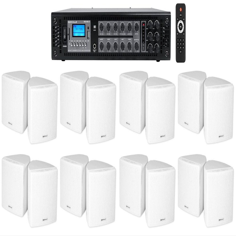 Rockville RCS180-6 Bundle: 6-Zone 70V 180-Watt Commercial Bluetooth Amplifier, (8) Pairs 3.5-in Cube 70V White 6W/3W/1.5W Swivel Wall Speakers for Restaurant, 9-Items