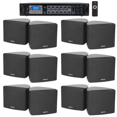 Rockville RCS180-6 Bundle: 180 Watt 6-Zone 70V Commercial/Restaurant Amplifier with Bluetooth, (6) Cube 3.5" Black Commercial 70V Swivel Wall Mount Speakers, 7-Items