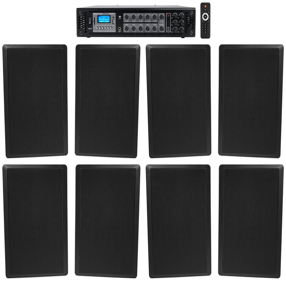 Rockville RCS180-6 Bundle: 180-Watt 6-Zone 70V Commercial Restaurant Bluetooth Amplifier, (4) Pairs RockSlim 70B Black 5.25" 70V Wall Speakers for Cafe Systems, 5-Items