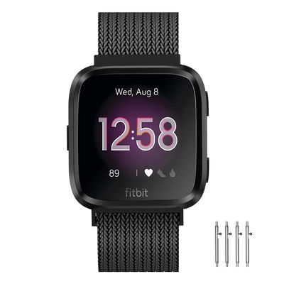 Meikeio Bands Compatible with Fitbit Versa 2/1/Lite, Stainless Steel Metal Mesh Band, Wristbands Replacement Strap Sport Loop(Black,S)