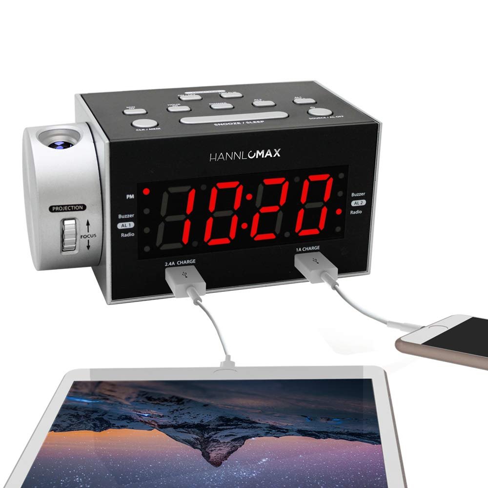 HANNLOMAX HX-135CR Alarm Clock Radio with Projection, PLL FM Radio, Dual Alarm, Dual USB Ports for 2.4A and 1A Charging, 1.2 inches Red LED Display, AC/DC Adaptor Included
