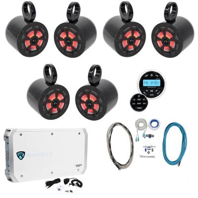 Rockville RKL65MBW Bundle: (3) Pair 6.5" Wakeboard LED Speakers 350W Peak/85W RMS per Speaker, (3) Pair MAC65B Tower Pods, RXM-S6 Marine Amplifier, RMWK4 Wiring Kit, RGHR2 Bluetooth Receiver, 9-Items