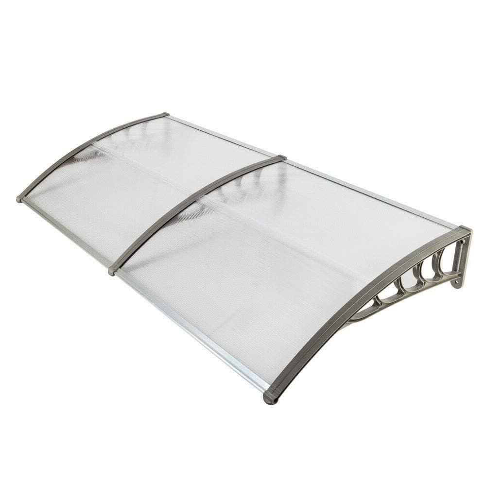Thaisan7 Window Door Deck Shelter Sunshade Polycarbonate Canaopy for Outdoor Manaual Patio Awning Home Liveing Room Decore Improvement-200Lx100Wx25cmH Transparent + Gray Bracket