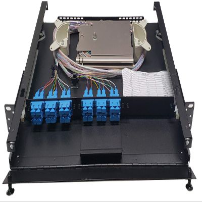 19" 1RU Rack Mount, Steel, 24 Fiber SC/UPC (Blue) Adapters, 3 Meter SM Pigtails, 2x12f Splice Tray