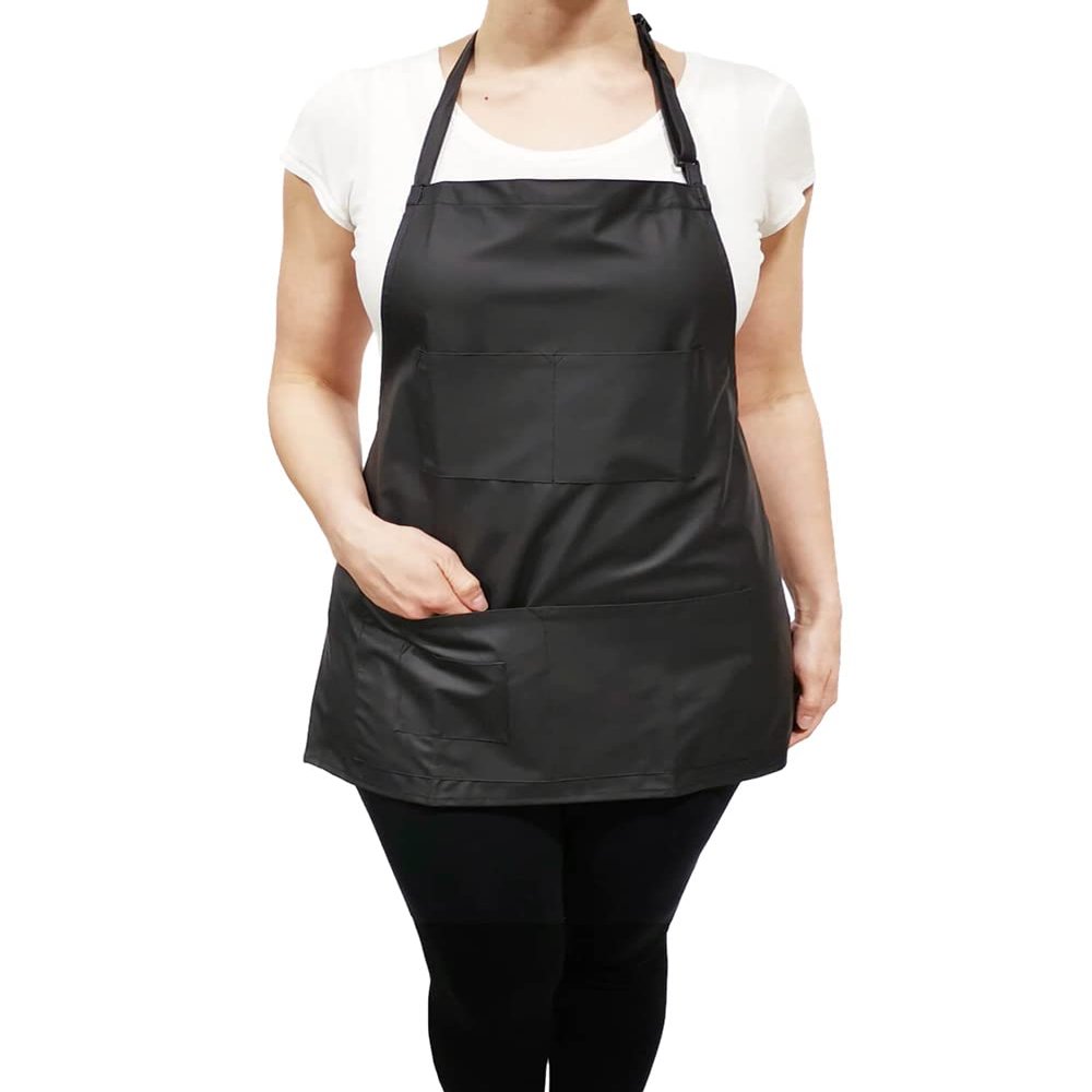 CHARLENE Adjustable Short Vinyl Apron with Personalization | Water-Proof, Utility Pockets | Grooming, Stylist | One-Size - Black