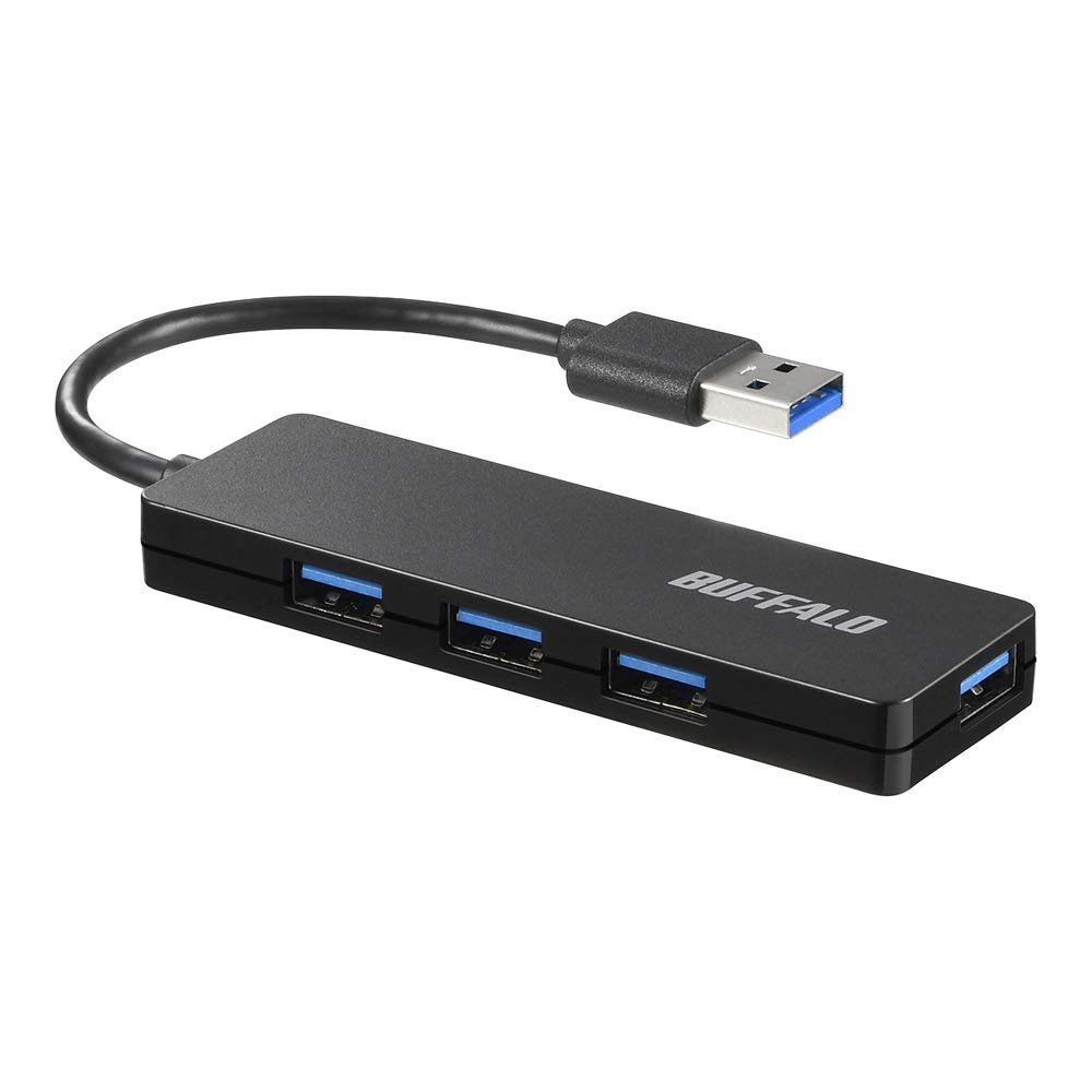 Buffalo BSH4U125U3BK USB Hub, USB 3.0, Slim Design, 4 Ports, Bus Power, Lightweight, Compatible with Windows, Mac, PS4, PS5, Chromebook, Telework, Work from Home