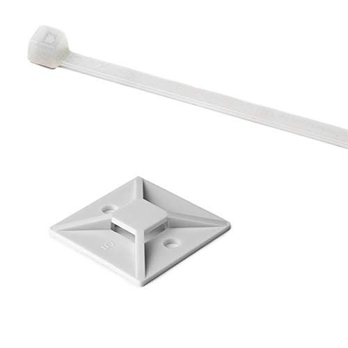 Hellermann Tyton 50 Pack Cable Tie 4" Long & Adhesive Cable Tie Mount - UL Rated 18lb Tensile Strength - White