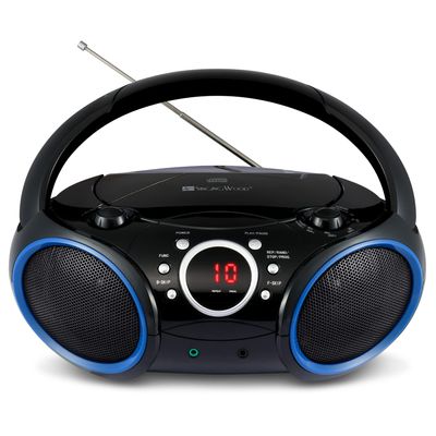 SINGING WOOD SBX030C Portable CD Player Boombox, Black with Blue Rims