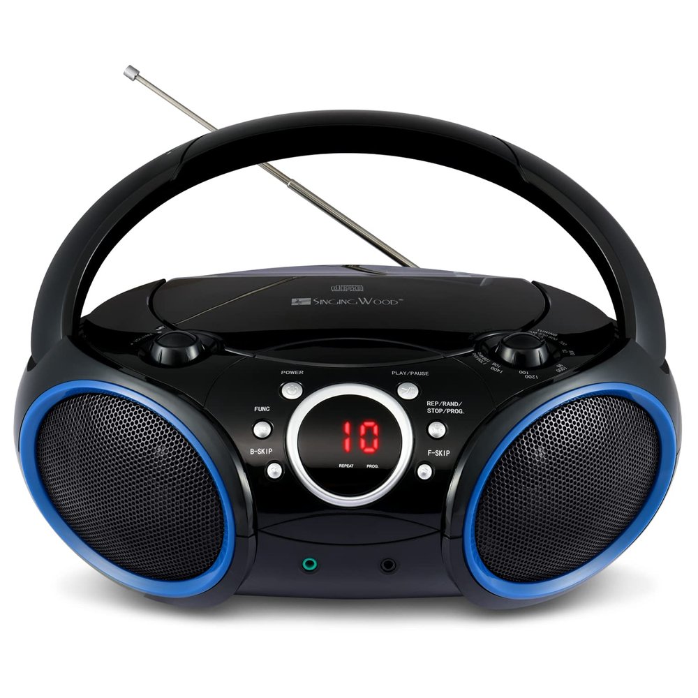 SINGING WOOD SBX030C Portable CD Player Boombox, Black with Blue Rims