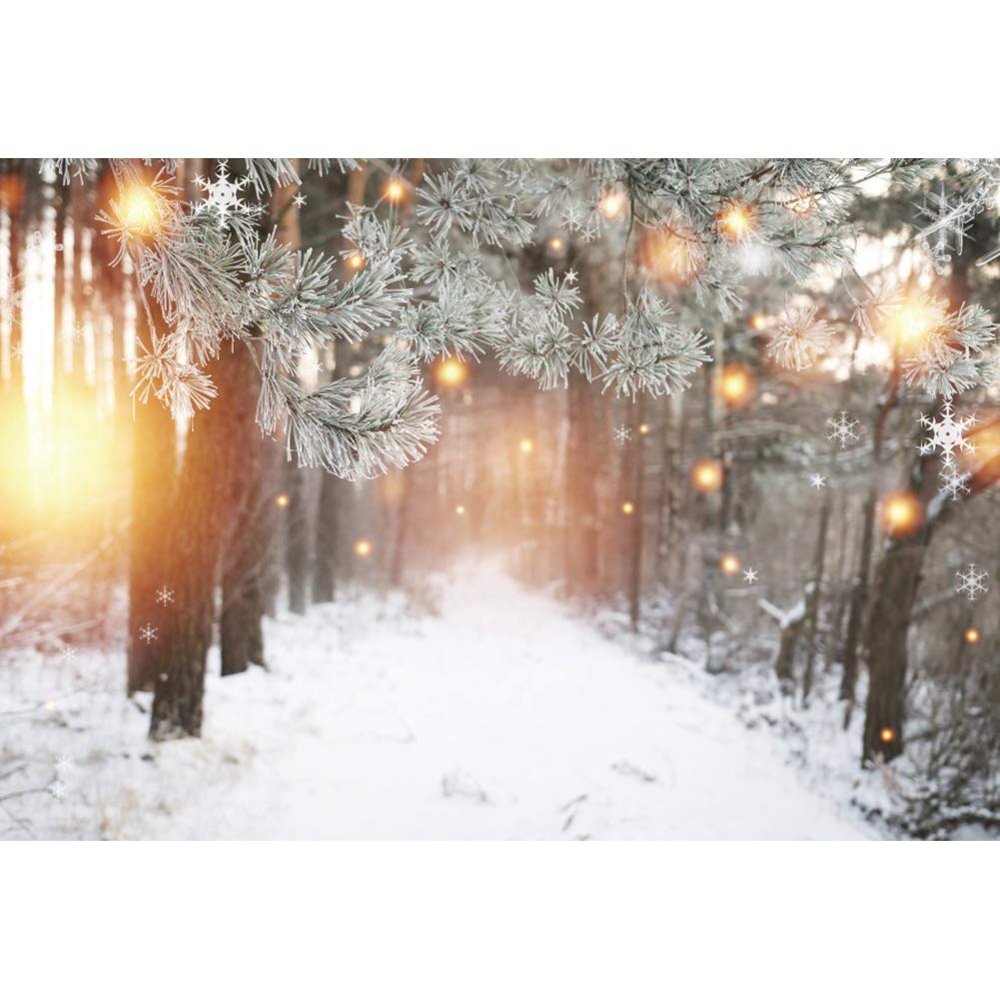 Leyiyi 10x8ft Christmas Backdrop Winter Forest Glowing Snowflakes Christmas Forest Snowy Road Hoarfrost Pine Branches Halo Backgrounds for Photography Xmas New Year Party Photo Studio Prop