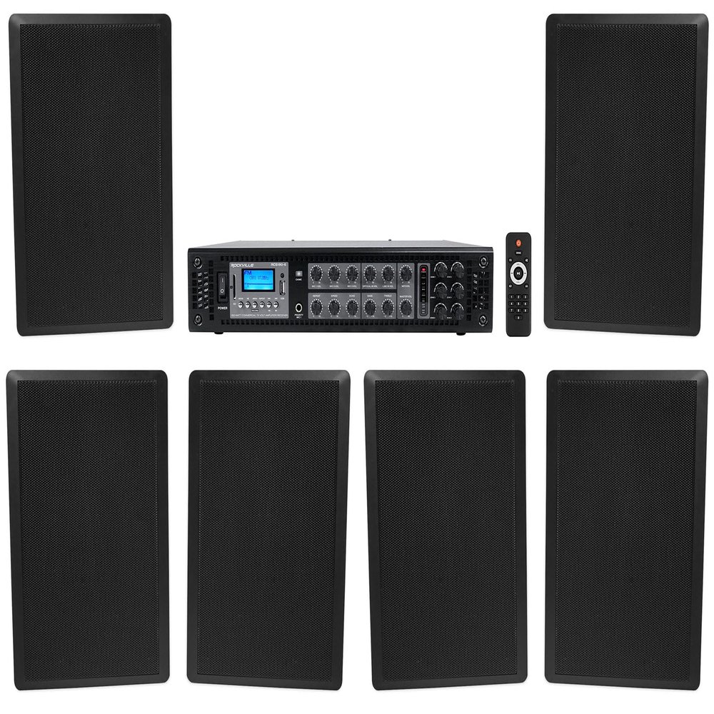 Rockville RCS180-6 Bundle: 180W 6-Zone 70V Commercial Amplifier, (6) RockSlim 70B 5.25 in Black Restaurant Wall Speakers, Bluetooth, for Commercial/Restaurant Use, 7-Items
