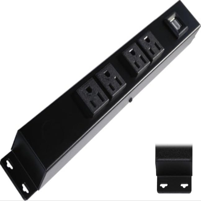 12" Hardwired Power Strip (NO Power Cord), 4 Horizontal Outlets (NOT Tamper Resistant), with Ears (with mounting tabs on Both Ends), 15A (NOT a 20 Amp Unit), with USB, Black