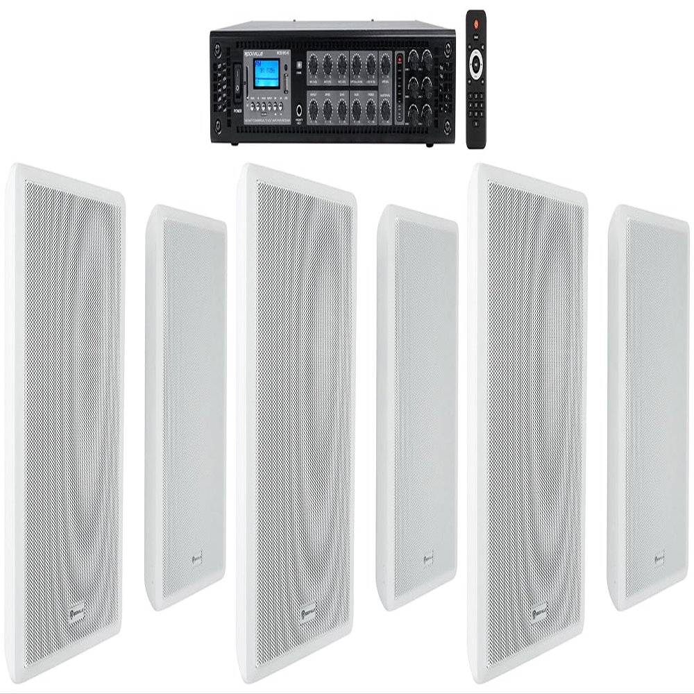 Rockville RCS180-6 Bundle: 180 Watt 6-Zone 70V Commercial Amplifier with Bluetooth, (6) RockSlim 70W White 5.25-in 70V Wall Speakers for Restaurants, Offices, and Retail Spaces, 7-Items