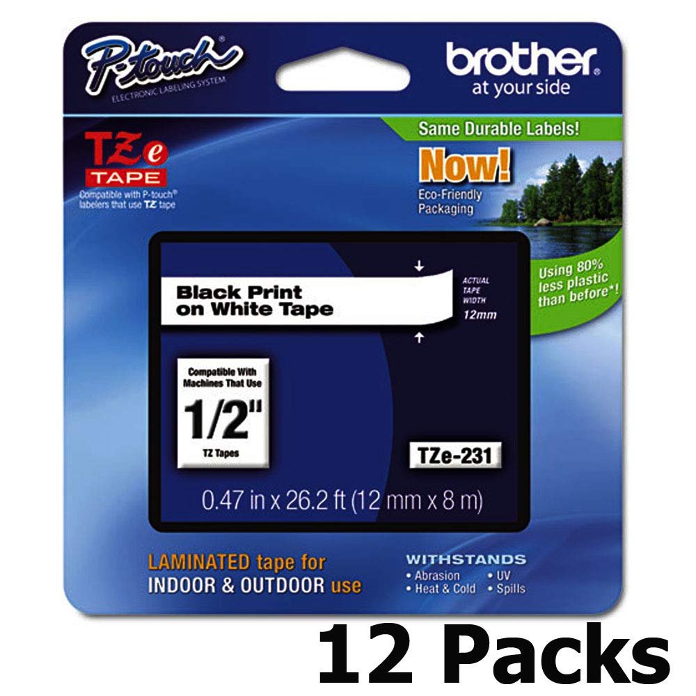 Brother Genuine P-Touch TZE-231, 1/2" (0.47") Wide Standard Laminated Tape, Black on White, for Indoor or Outdoor Use, Water-Resistant, 0.47" x 26.2' (12mm x 8M), Pack of 12