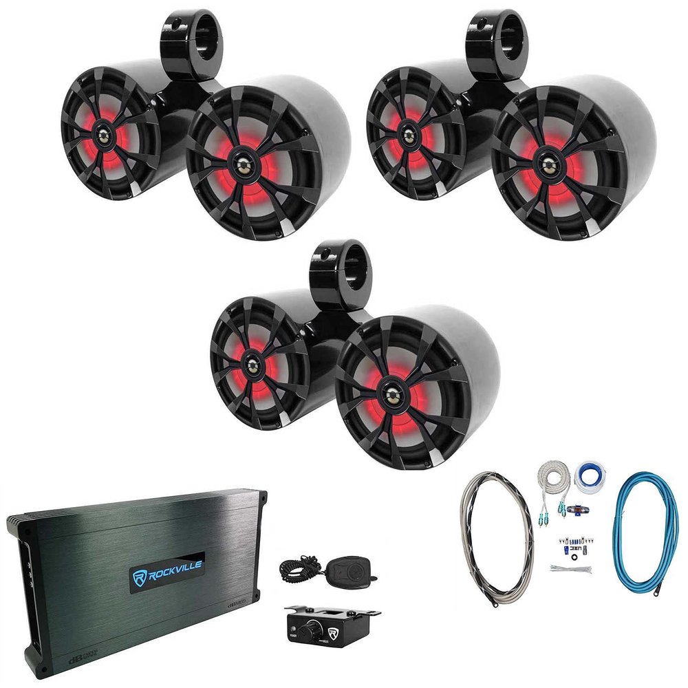 Rockville RKL65MBW Bundle: (3) Pair 6.5" 700W Peak/170W RMS Marine LED Speakers w/Black/White Grilles, (3) DMAC65B Dual 6.5-in Tower Enclosures, RXM-S6 6 Channel Amplifier, RMWK4 Amp Wire Kit, 8-items